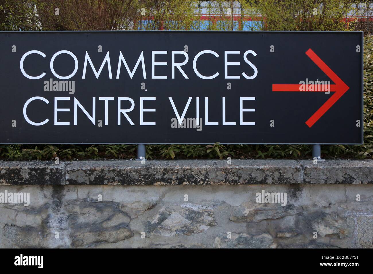 Commerces. Centre-Ville. Panneau. Saint-Gervais-les-Bains. Haute-Savoie. France. Stock Photo