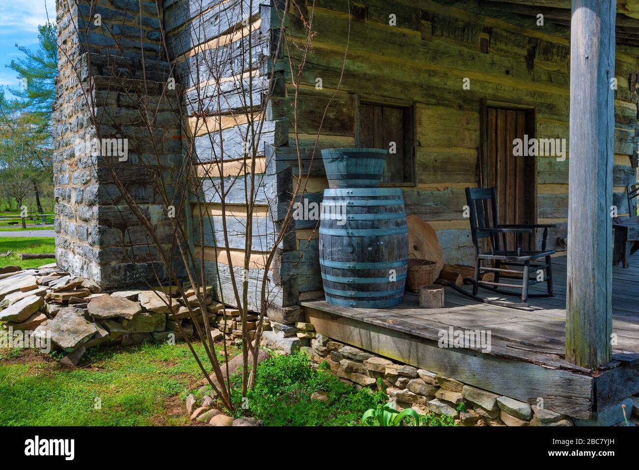 Side view of the Stonecypher cabins front porch at David Crockett Brithplace State Park in Limestone,Tennessee. Stock Photo