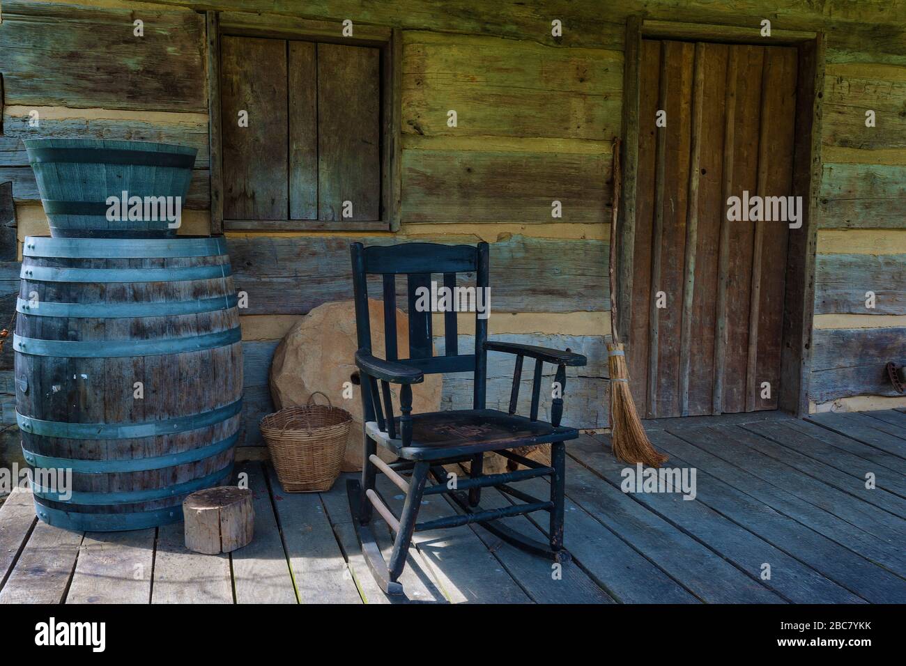 Close up of front portch of the Stonecyper Cabin at David Crockette Birthplace State Park in Limestone, Tennessee. Stock Photo