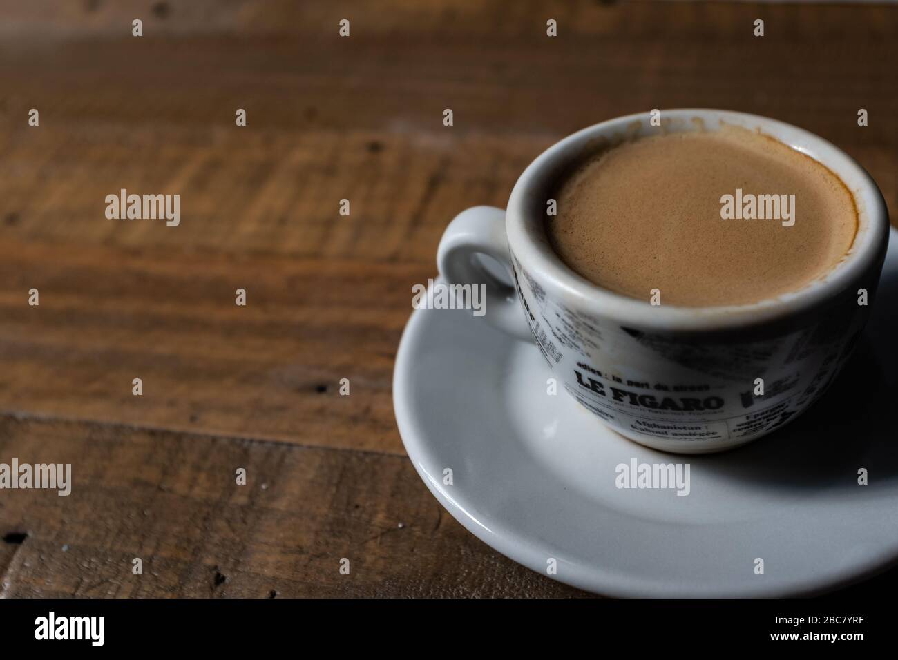 cup of espresso coffee on a wood table Stock Photo