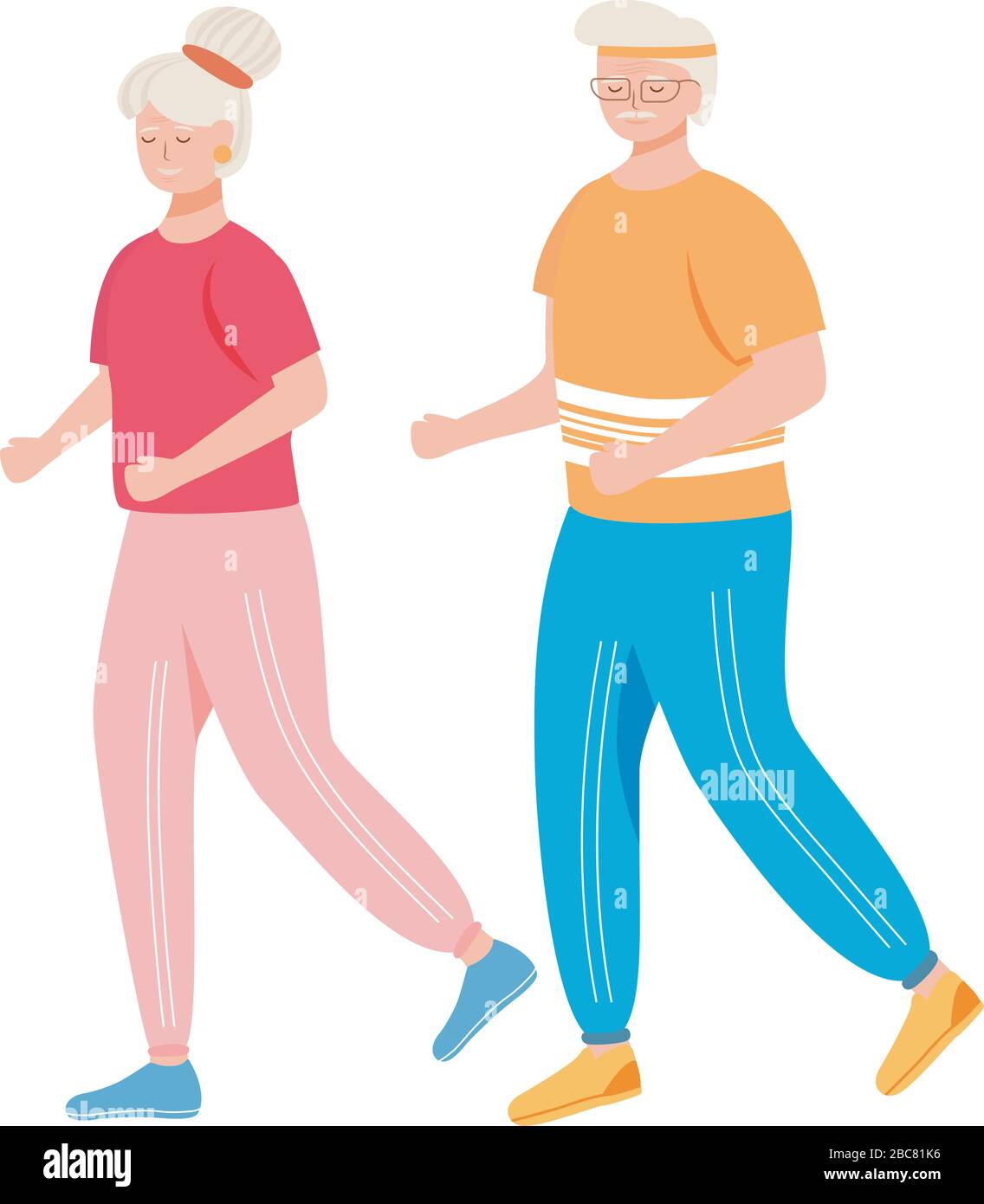 Retired people training flat vector illustration. Physical activity. Healthy lifestyle. Old couple in tracksuits are running. Active pensioners isolat Stock Vector