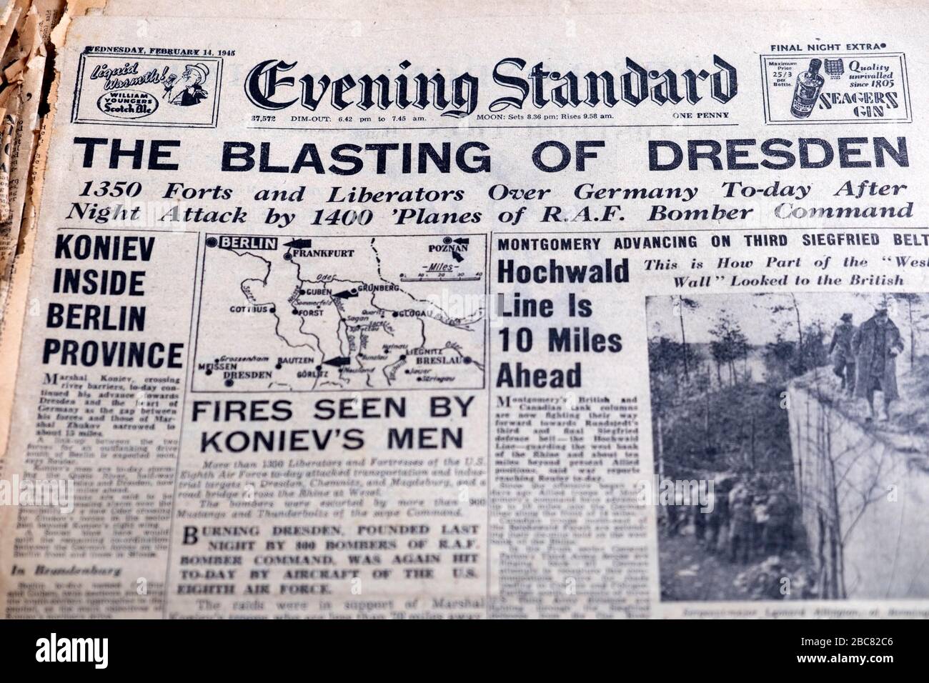 'The Blasting of Dresden' Evening Standard WWII British newspaper headline on 14 February 1945 in London England  Great Britain UK Stock Photo