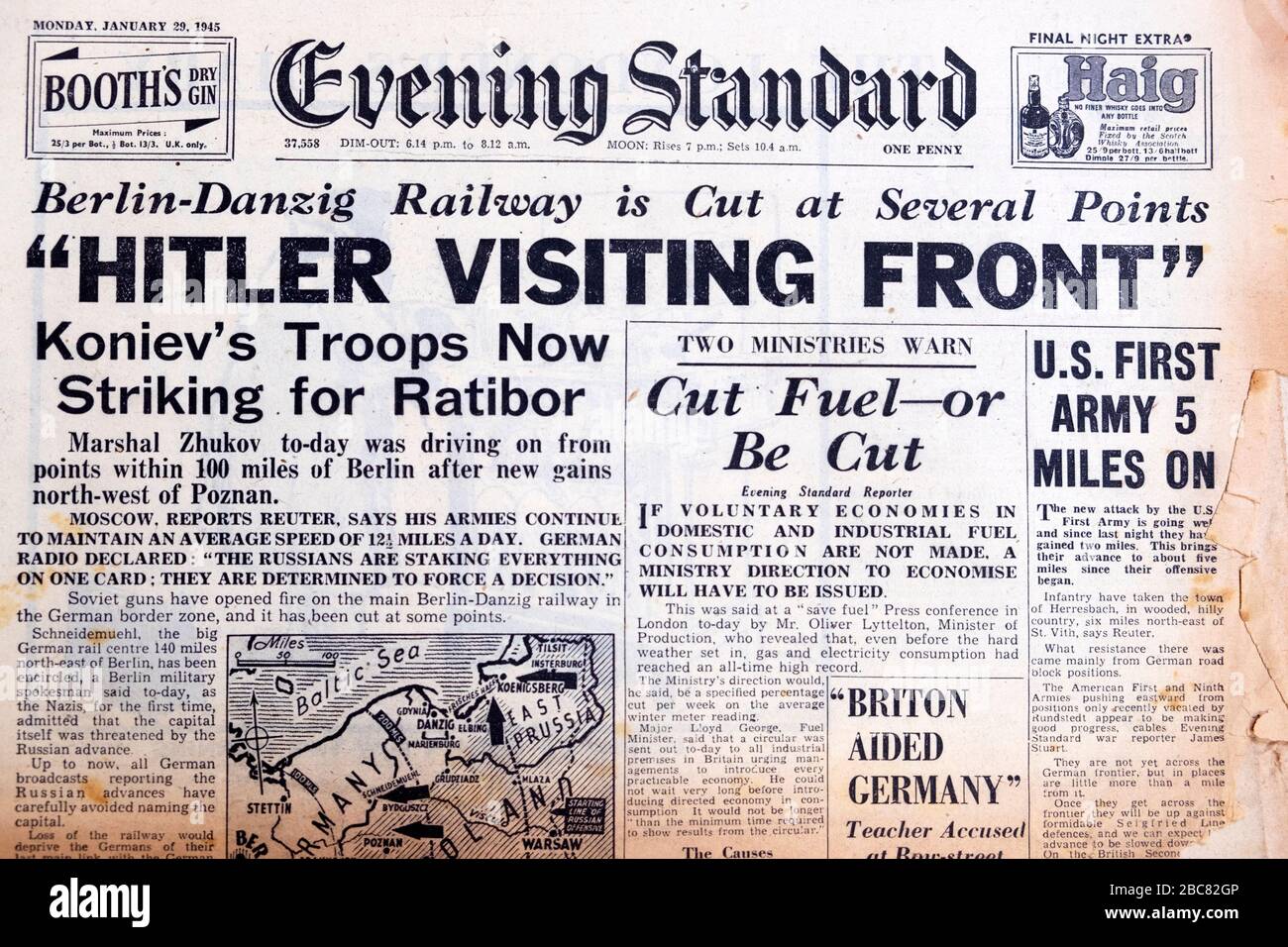 'Hitler Visiting Front' Evening Standard newspaper headline on 29 January 1945 in London England UK Stock Photo