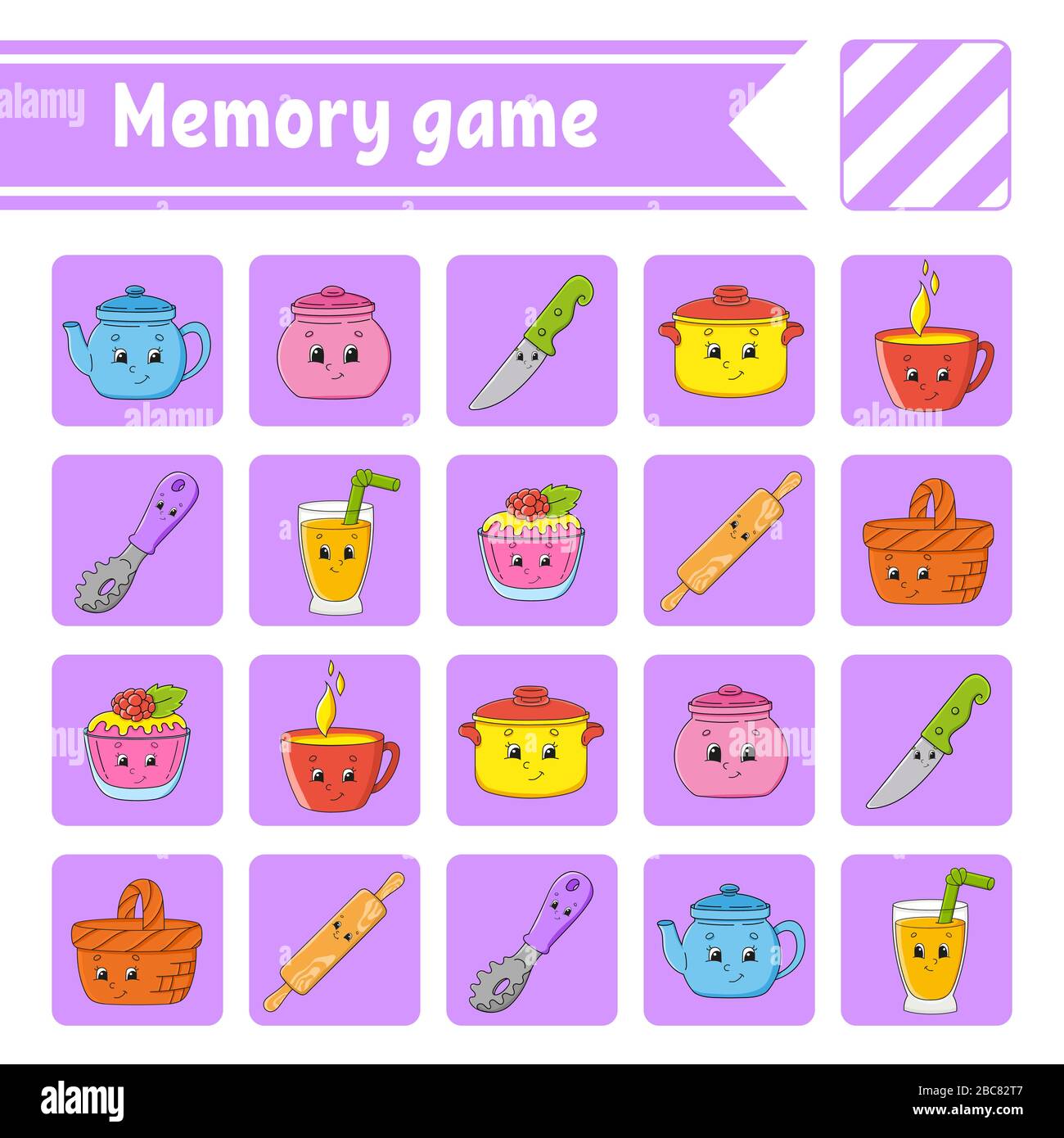 Memory game for kids. Education developing worksheet. Activity page with pictures. Puzzle game for children. Logical thinking training. Isolated vecto Stock Vector