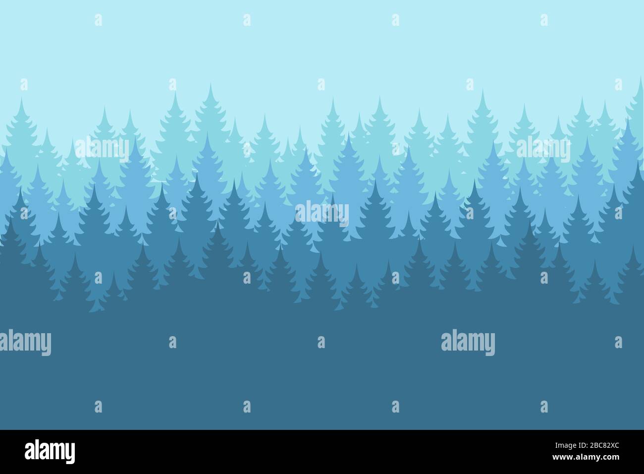 Vector misty forest landscape with detailed blue silhouettes of coniferous trees - seamless pattern Stock Vector
