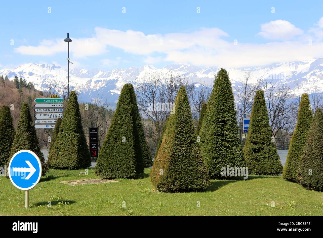 Rond-Point. Aménagement. Sapins. Saint-Gervais-les-Bains. Haute-Savoie. France. Stock Photo