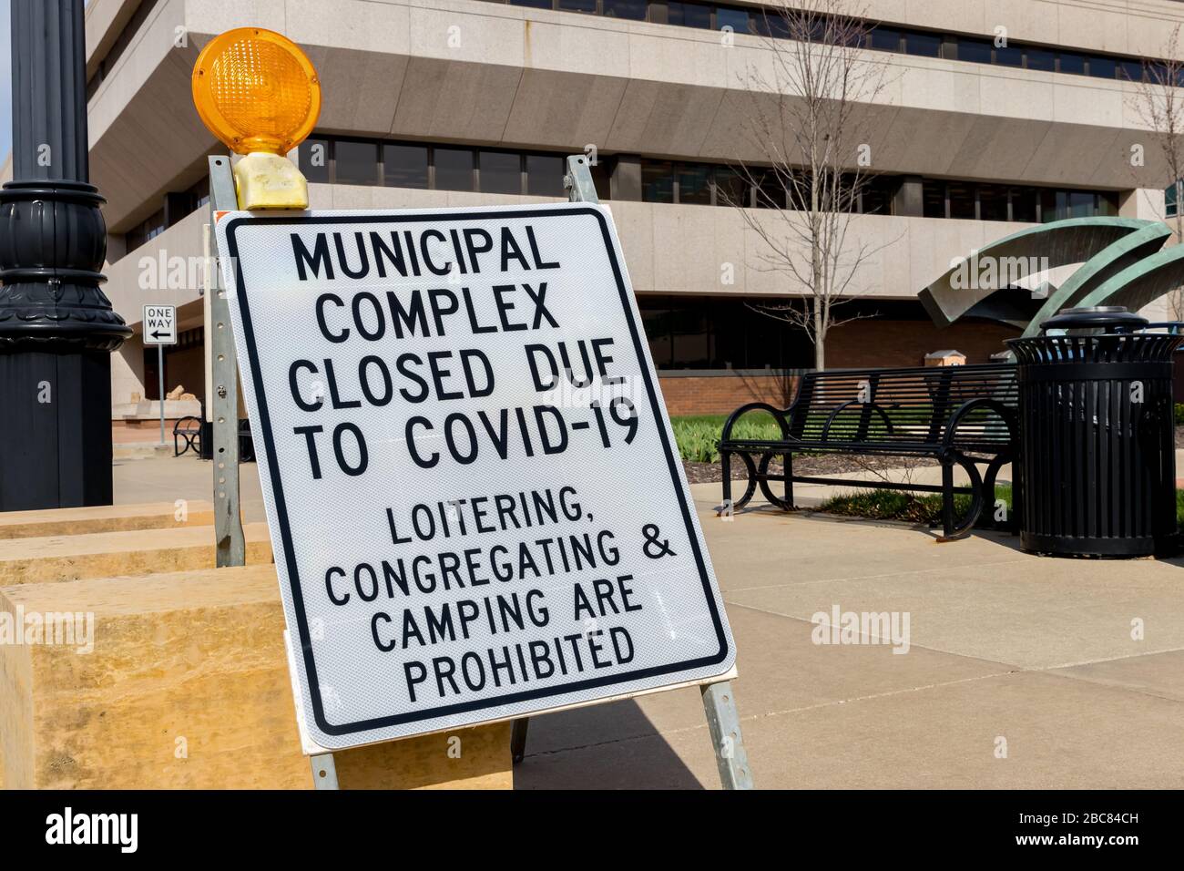 City government building, complex closed sign due to Covid-19 coronavirus pandemic stay at home isolation order Stock Photo