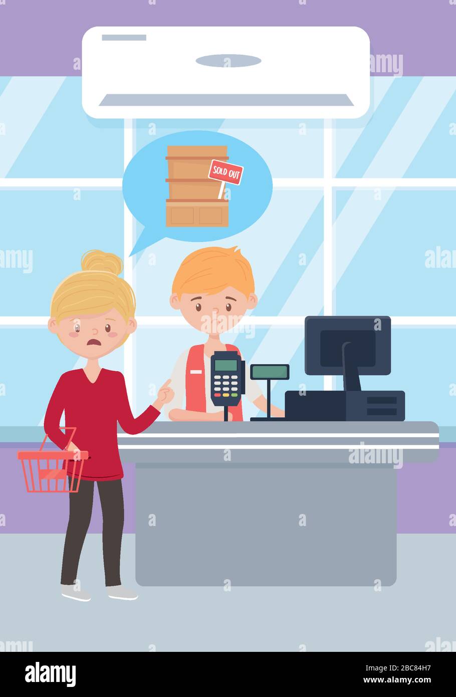 seller guy and worried customer with basket excess purchase vector