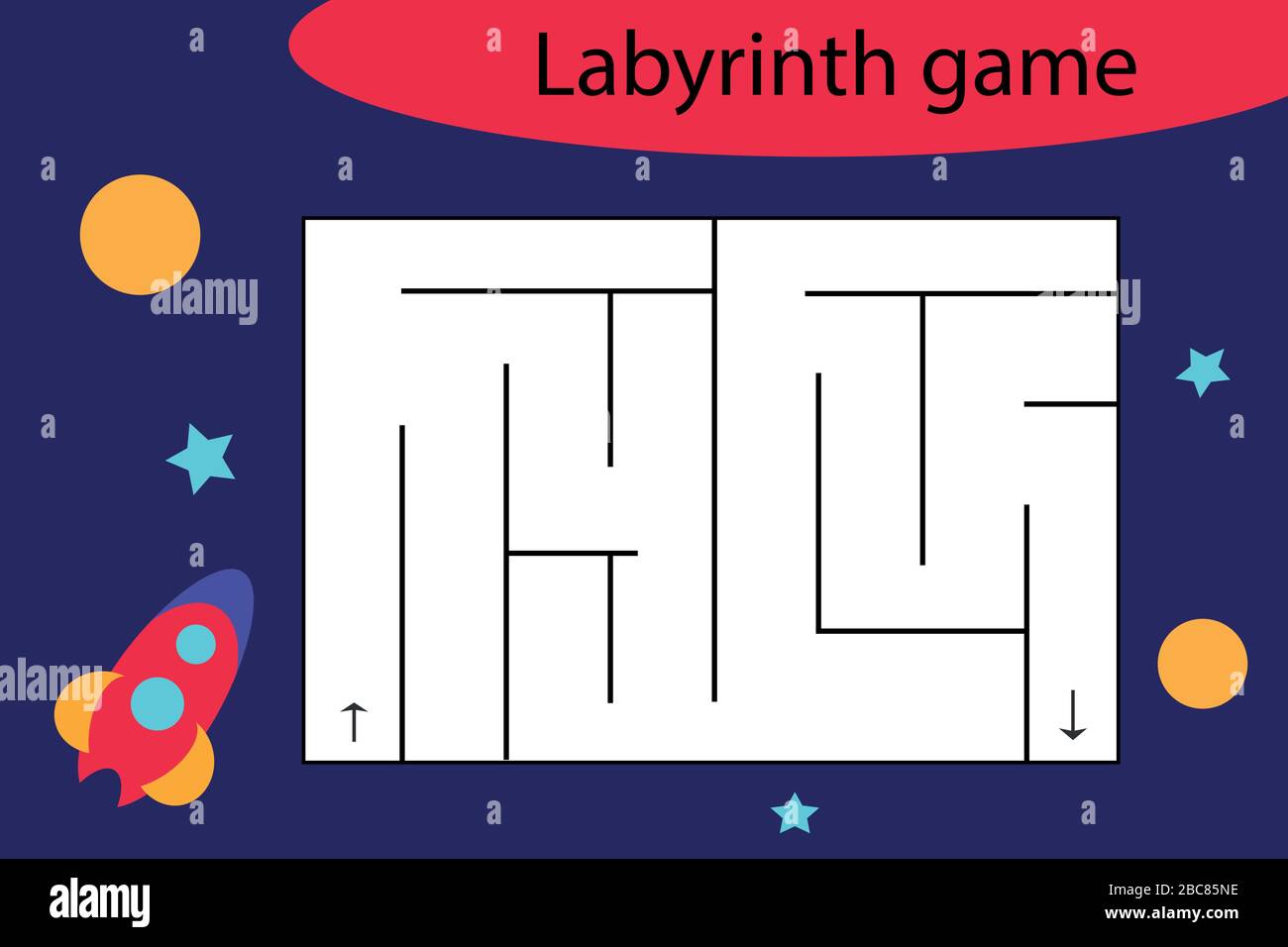 Labyrinth game with rocket, fun education worksheet for kids, preschool ...