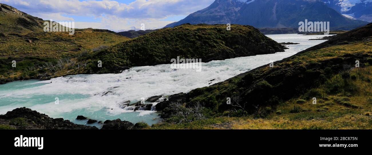 Summer view of Salto Grande Waterfall, Lago Pehoe, Torres de Paine, Magallanes region, Patagonia, Chile, South America Stock Photo