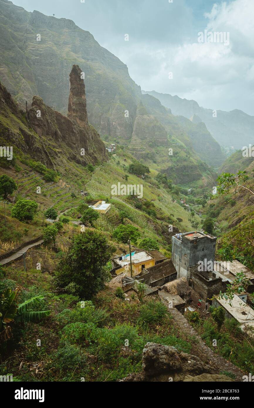 Picturesque canyon Ribeira da Torre covered with lush vegetation. Cultivation on steep terraced hills banana trees, sugarcane and coffee. Xo-Xo valley Stock Photo