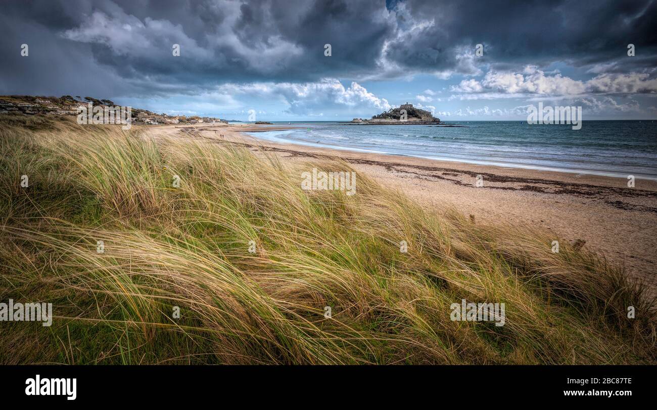 St Michaels Mount across the beach and Sea Stock Photo