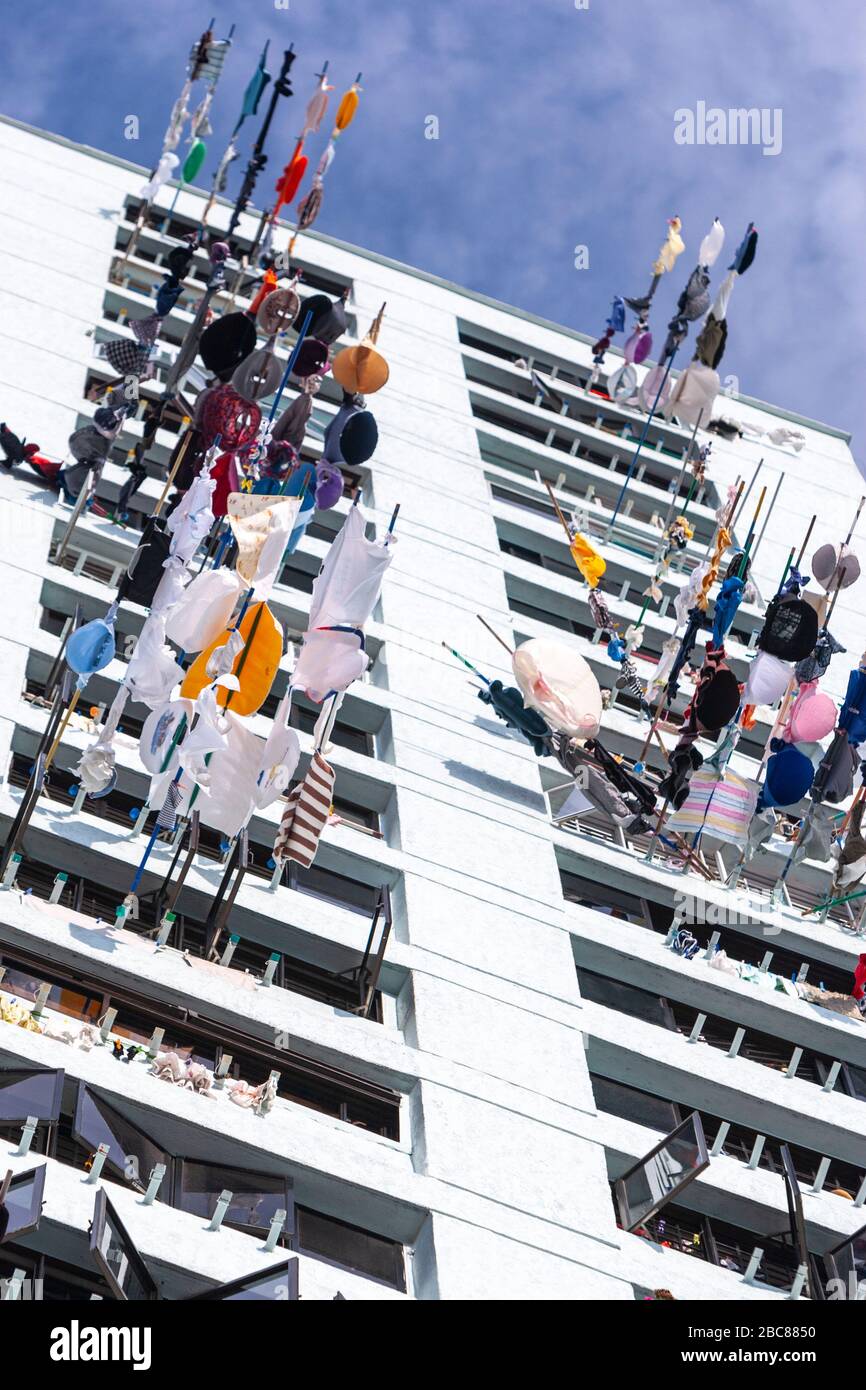 The familiar laundry drying racks in Singapore's public housing