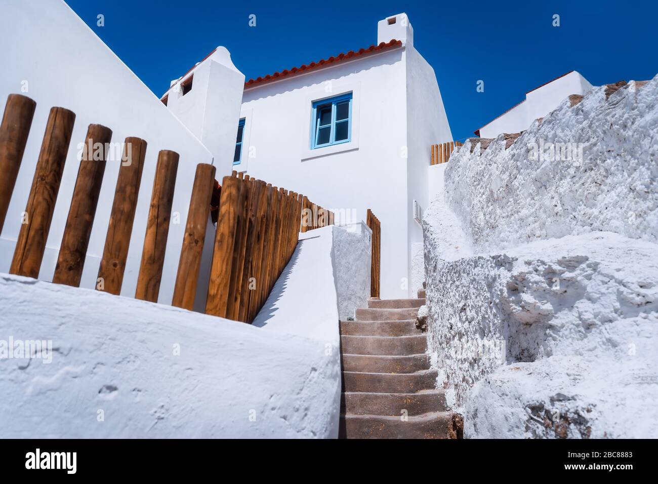 Chalk housed and narrow steps in beautiful and picturesque village Azenhas do Mar, Sintra Landmark, Portugal, Europe Stock Photo