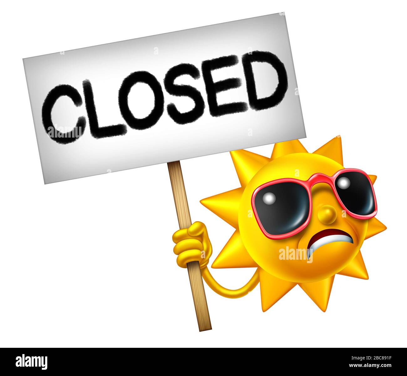 Closed Summer vacation and cancelled or canceled summertime activites symbol as a sad hot sun character holding a sign with painted text as a travel. Stock Photo