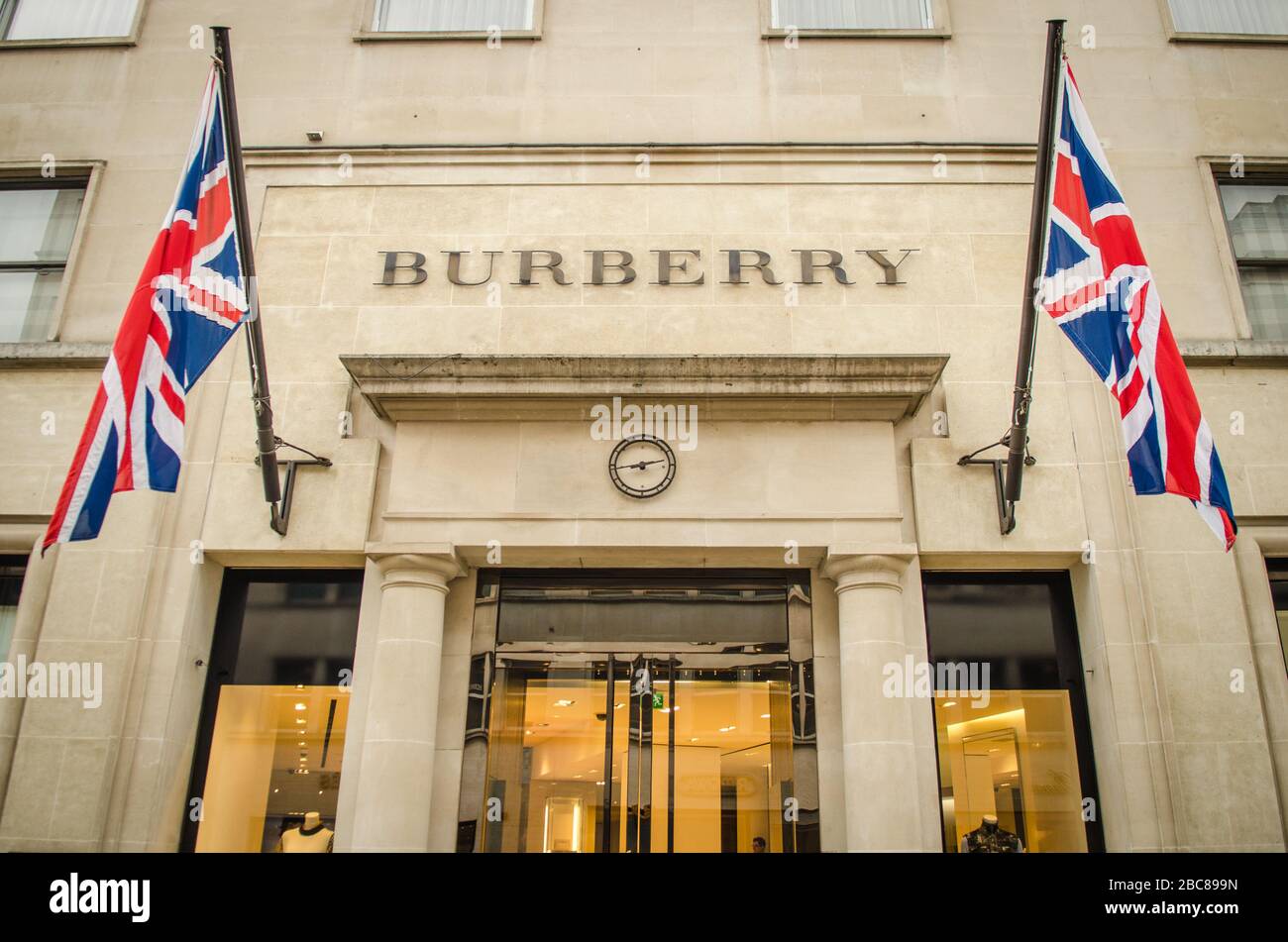 Burberry store, a British luxury retail brand, exterior logo / signage- London Stock Photo