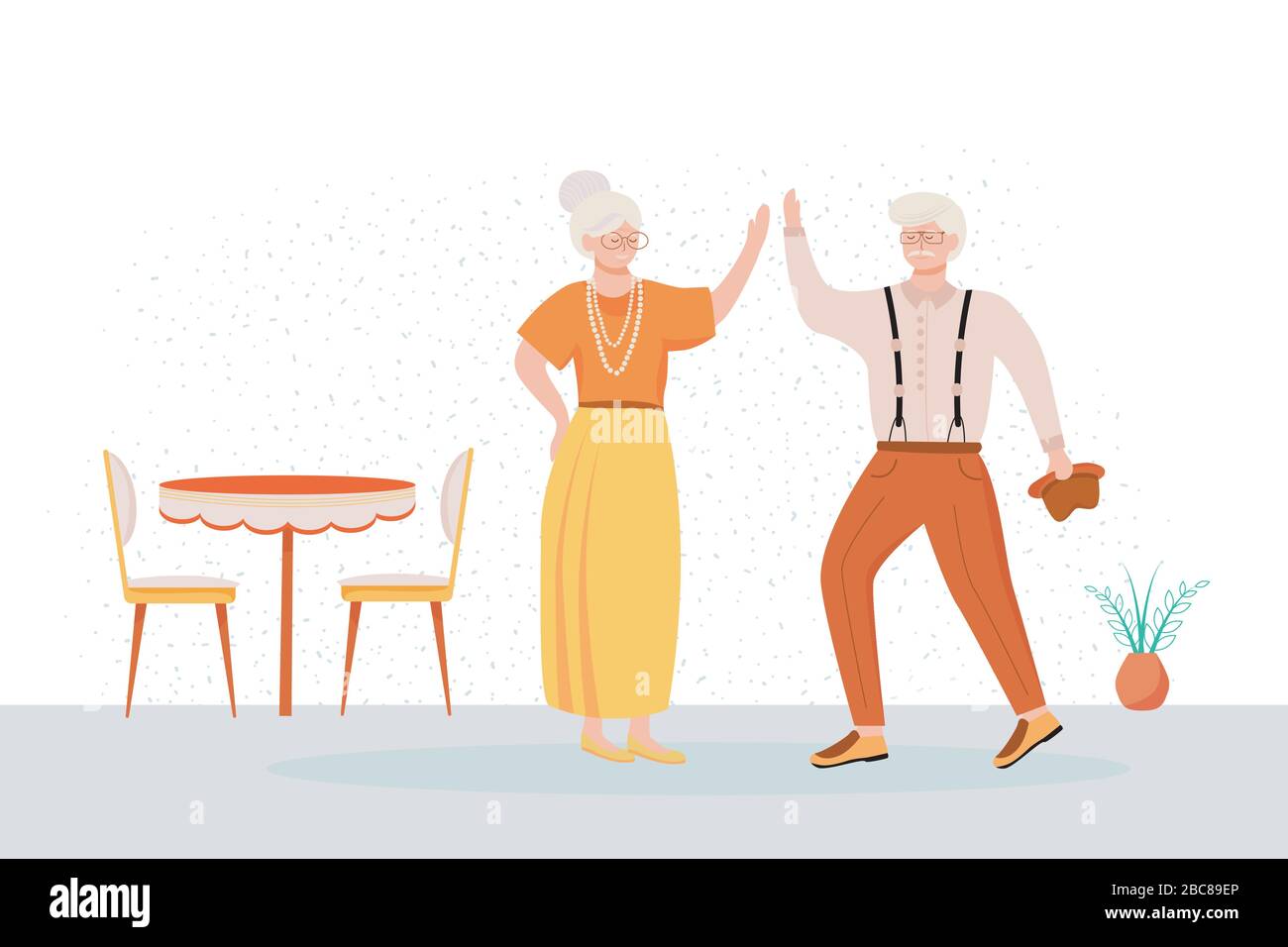 Retired people dancing flat vector illustration. Senior age family. Old couple spends time together at home. Indoor interior. Romantic pastime. Pensio Stock Vector
