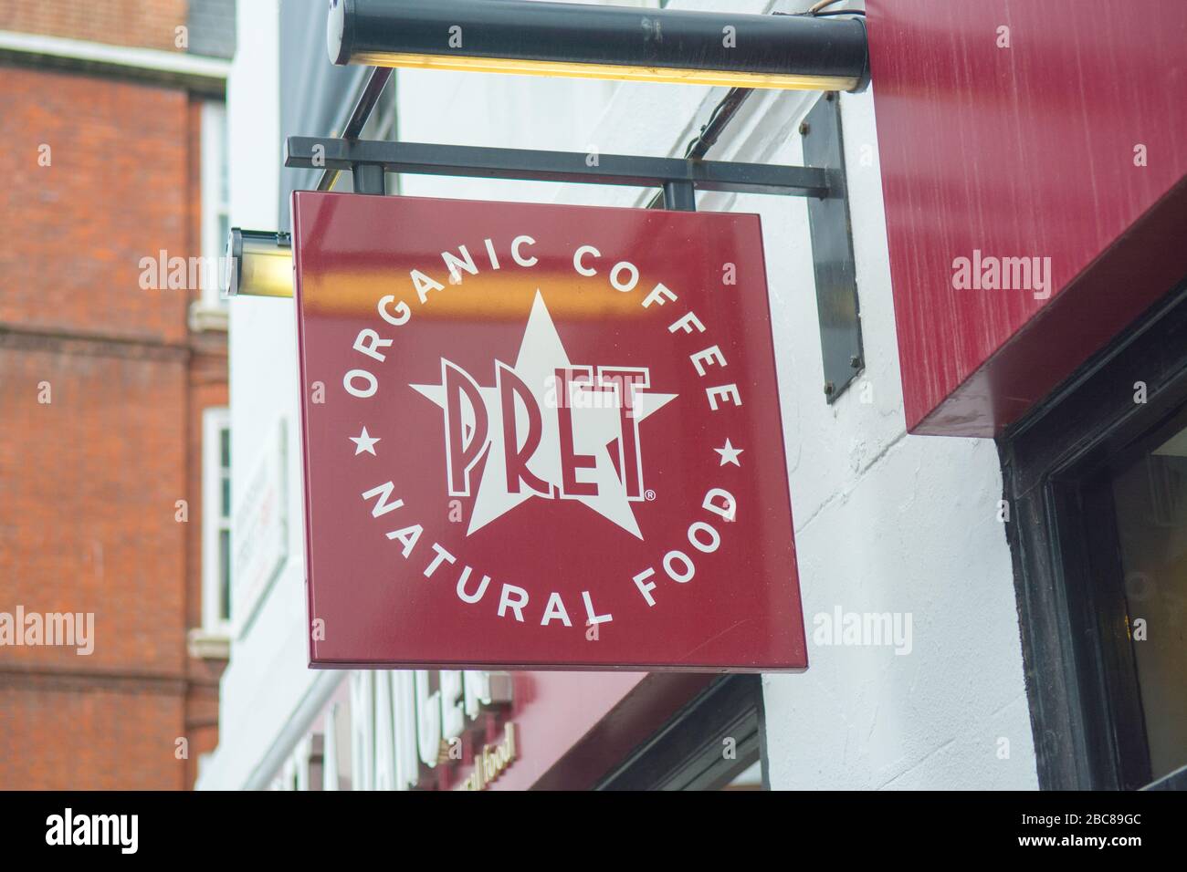 Pret A Manger store, Brtish chain of cafe / food take away stores- exterior logo / signage- London Stock Photo