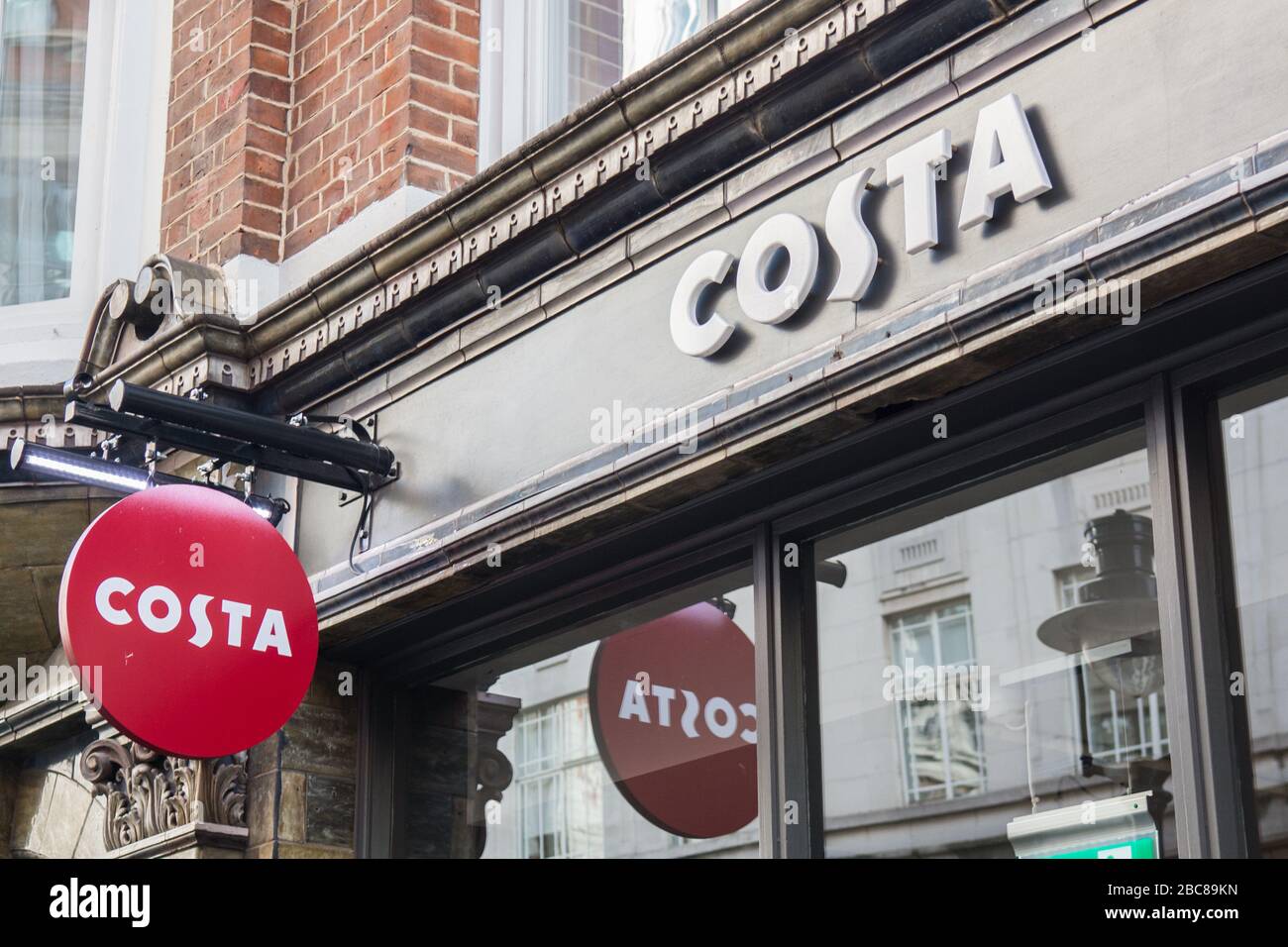 Costa Coffee- British high street coffee shop chain- exterior logo / signage- London Stock Photo