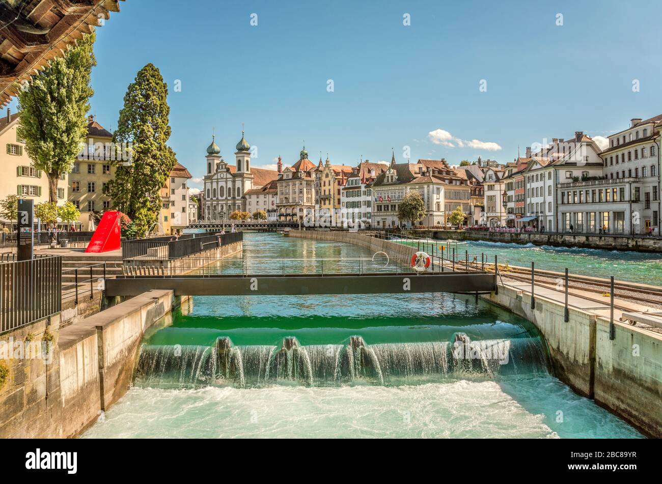 Needle dam in the Reuss River in Lucerne, seen from the Speuerbrücke, Switzerland Stock Photo