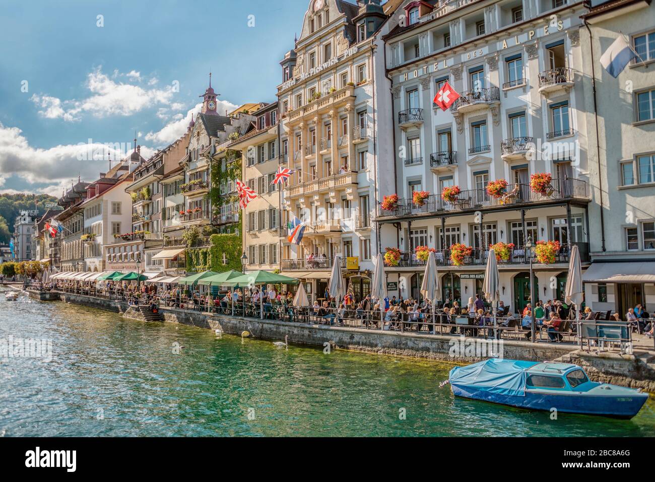 Lucerne Old Town riverside restaurants and pubs, Switzerland Stock Photo