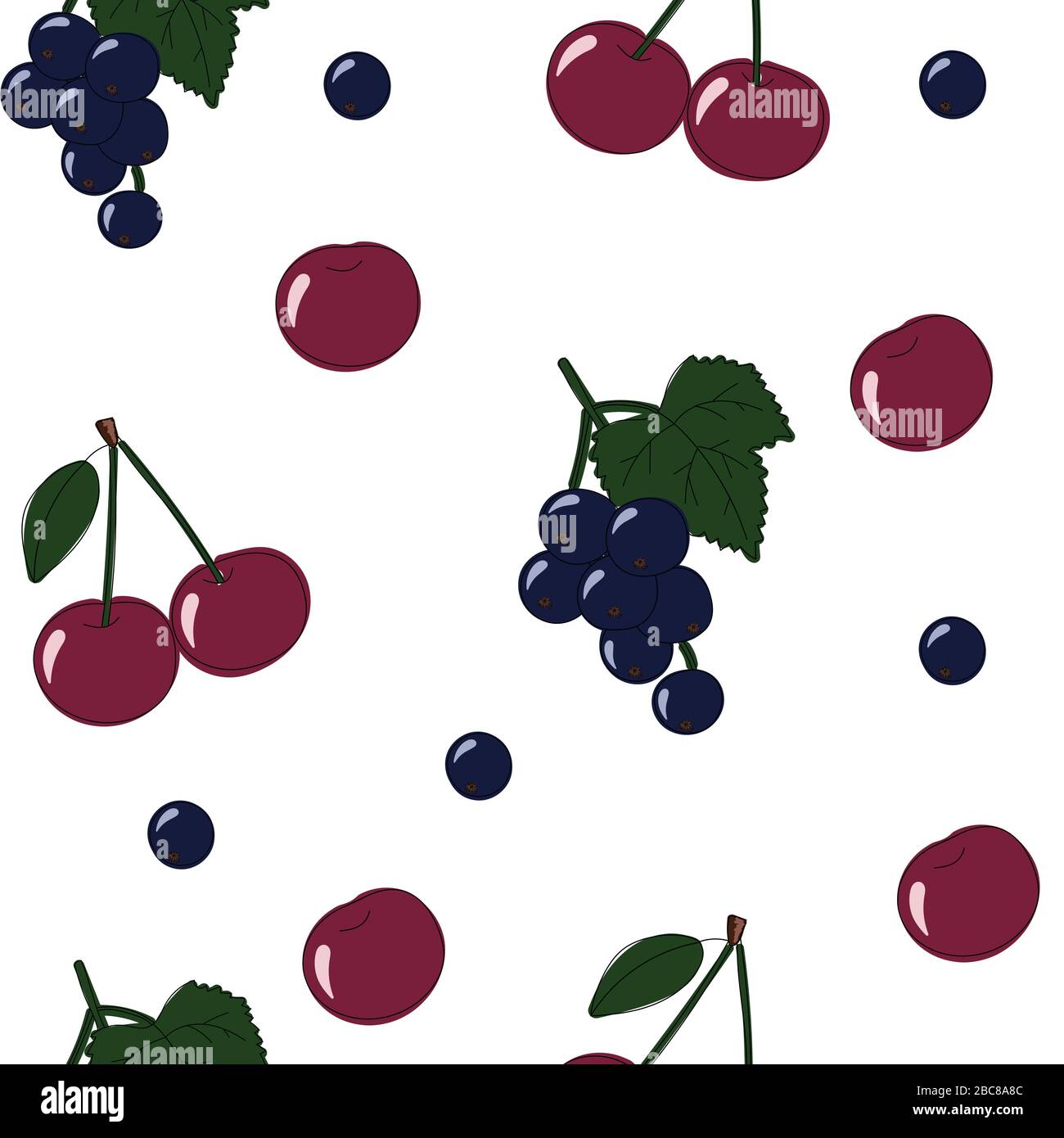 Natural delicious juicy organic berries seamless pattern with cherries, black currant, vector color illustration on white background, isolated. Stock Vector