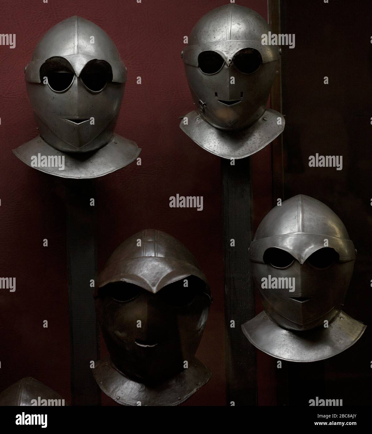Savoyard-style close helmets or Totenkopf. Complete the armour of the cuirassiers or the heavy cavalry. North Italy. Ca.1600-1630. Armoury. Grandmaster Palace. Valletta. Malta. Stock Photo