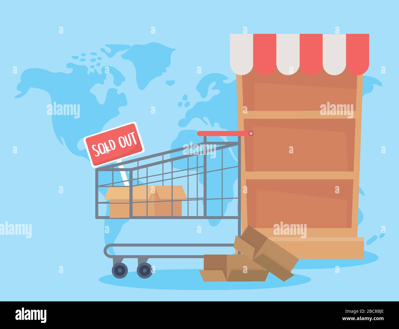 supermarket empty shelf and boxes world crisis, excess purchase vector