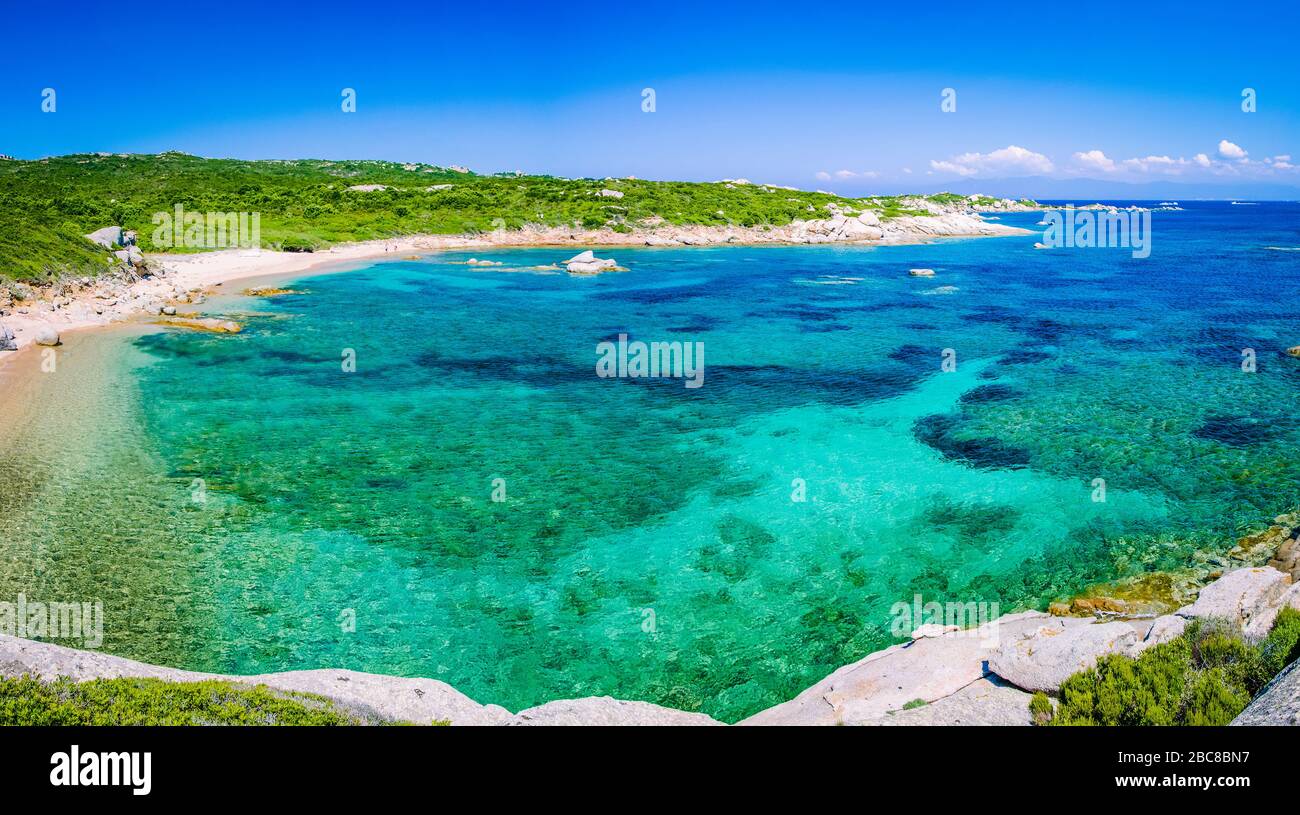 Lonely bay with azure water near Porto Pollo, Sardinia island, Italy. Stock Photo