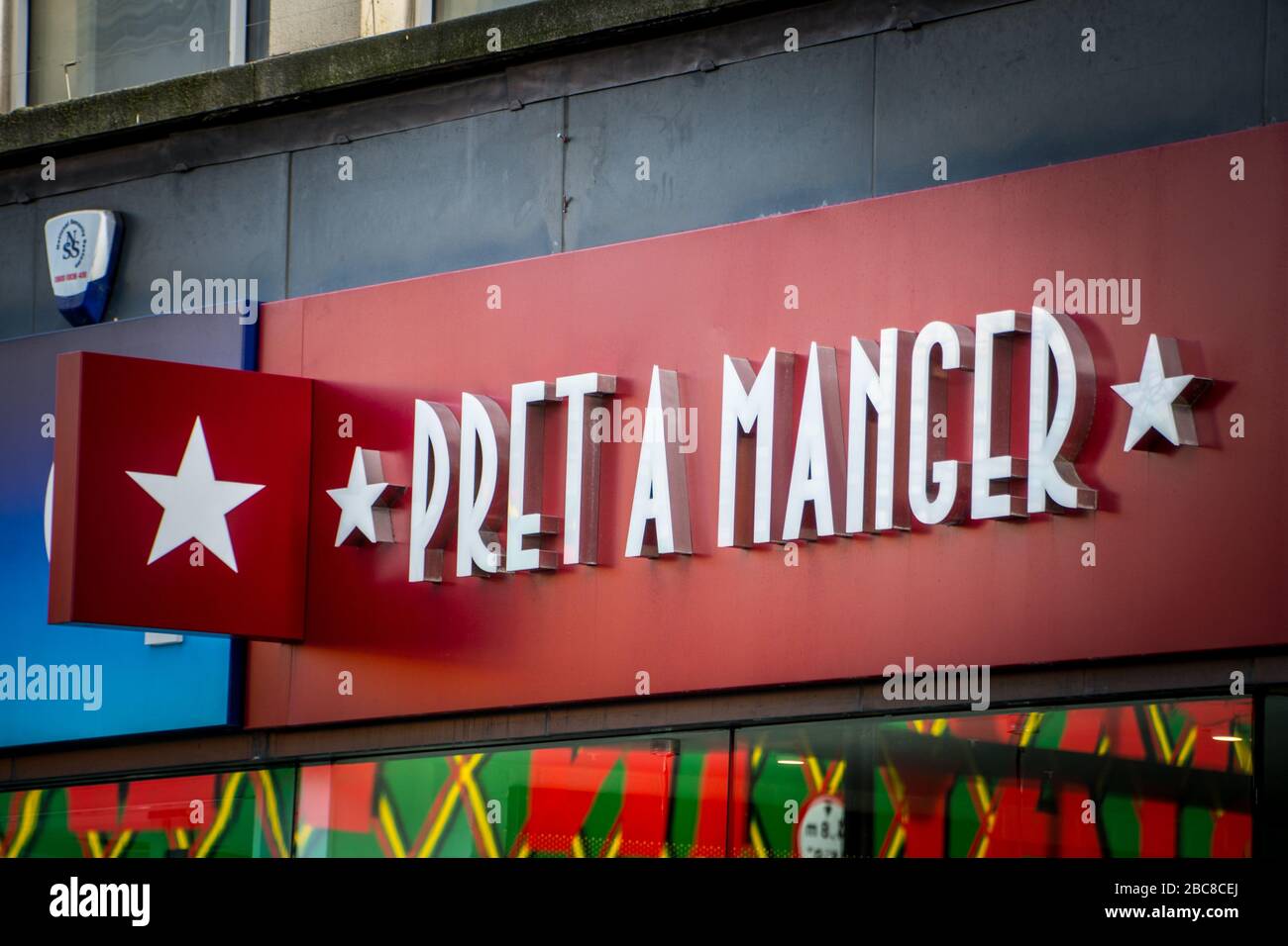 Pret A Manger store, Brtish chain of cafe / food take away stores- exterior logo / signage- London Stock Photo
