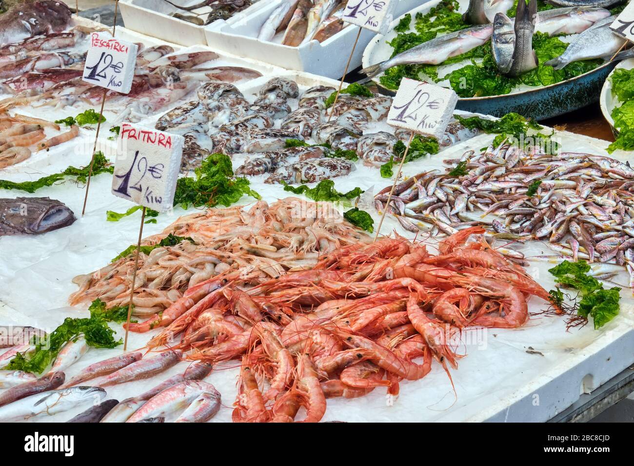 Fresh fish and seafood for sale at a market in Naples, Italy Stock