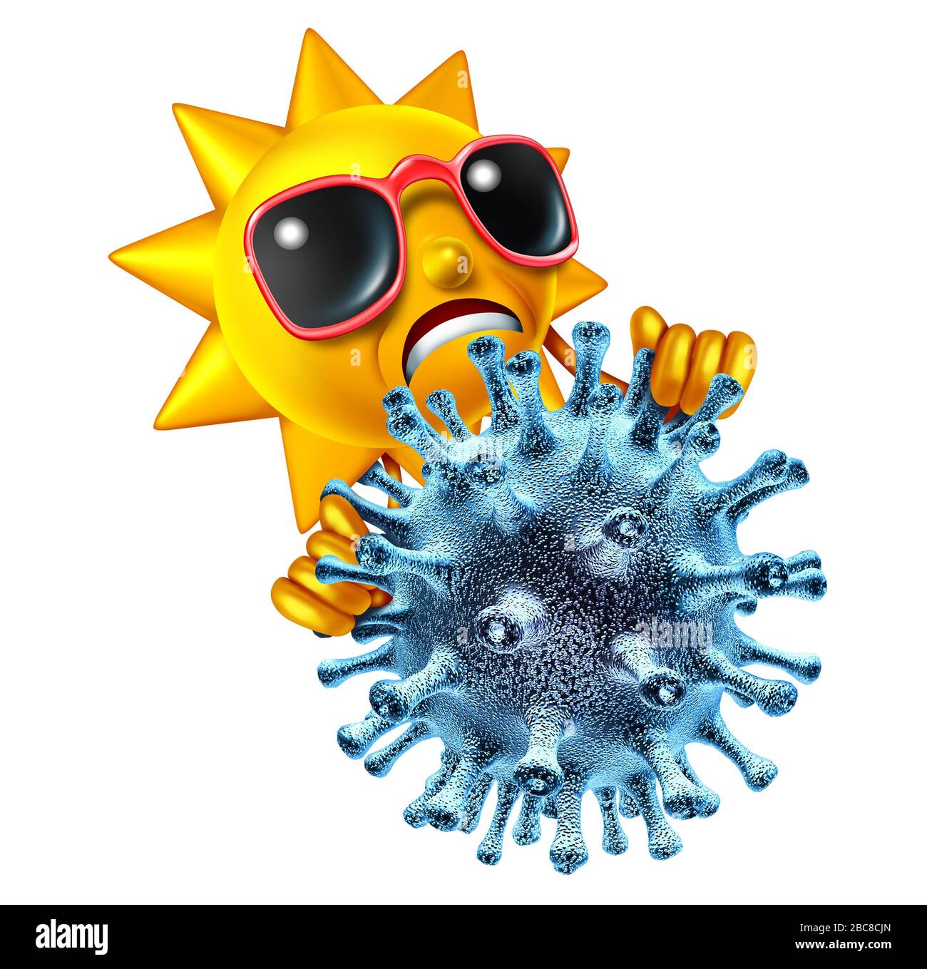 Summer virus and effects of coronavirus pandemic outbreakduring summertime activites as a sad hot sun character holding a pathogen disease cell. Stock Photo