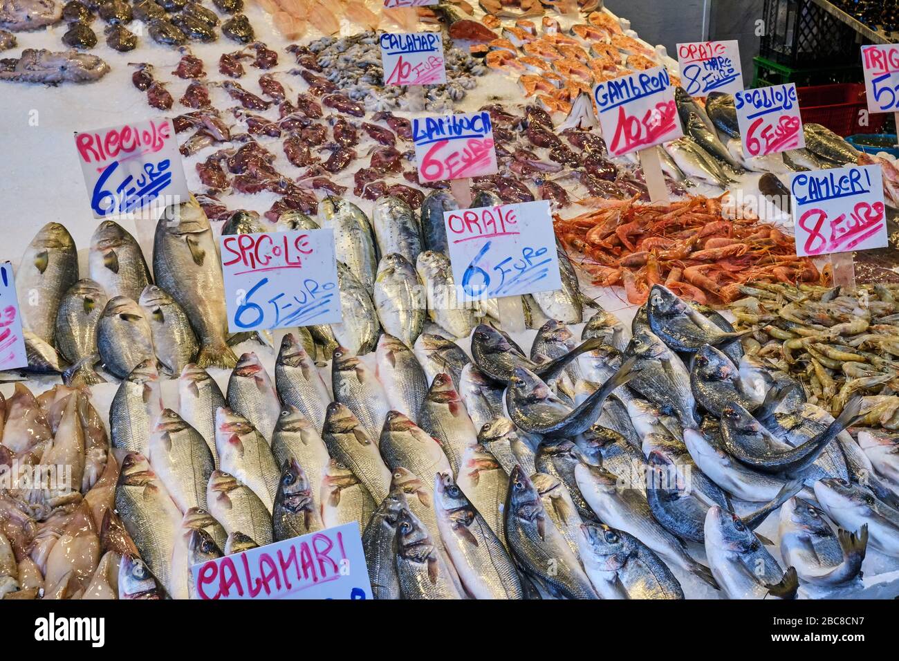 Fresh fish and seafood for sale at the Porta Nolana market in Naples