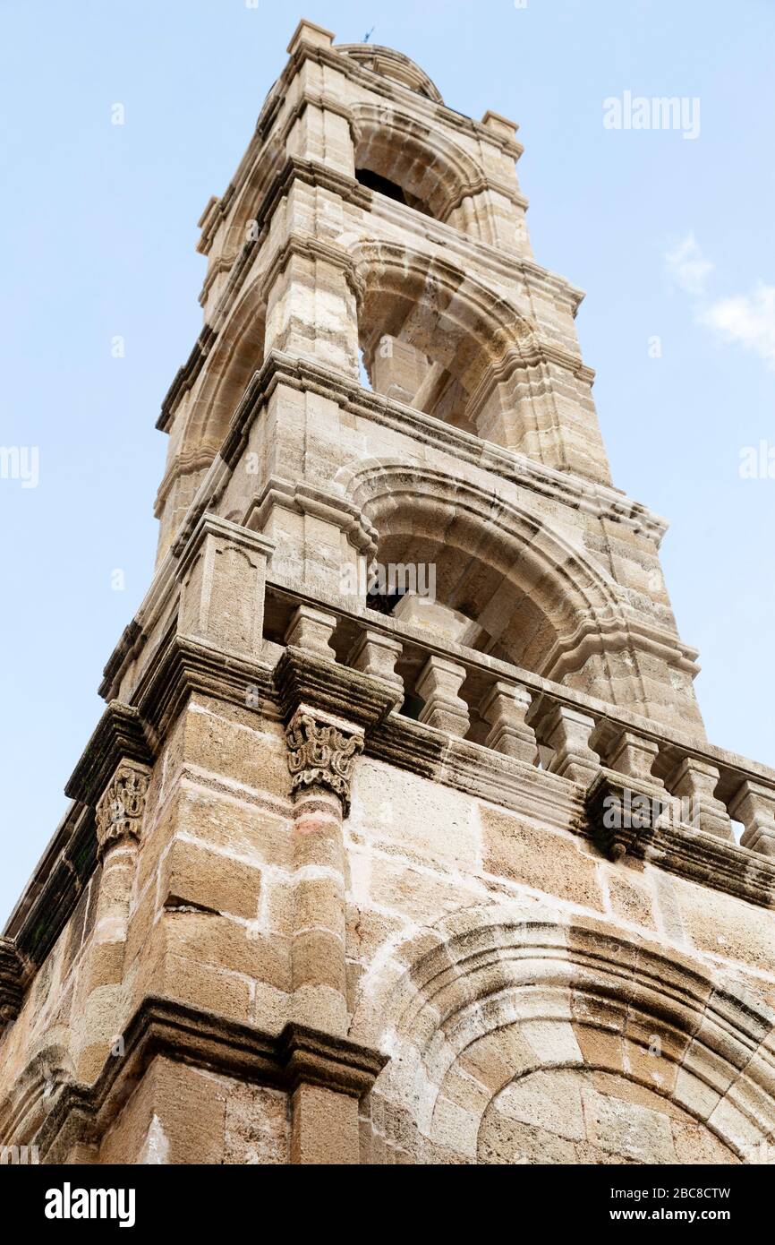 Tower of the Church of Panagia at Lindos on Rhodes, Greece. The church is a Greek orthodox place of worship. Stock Photo