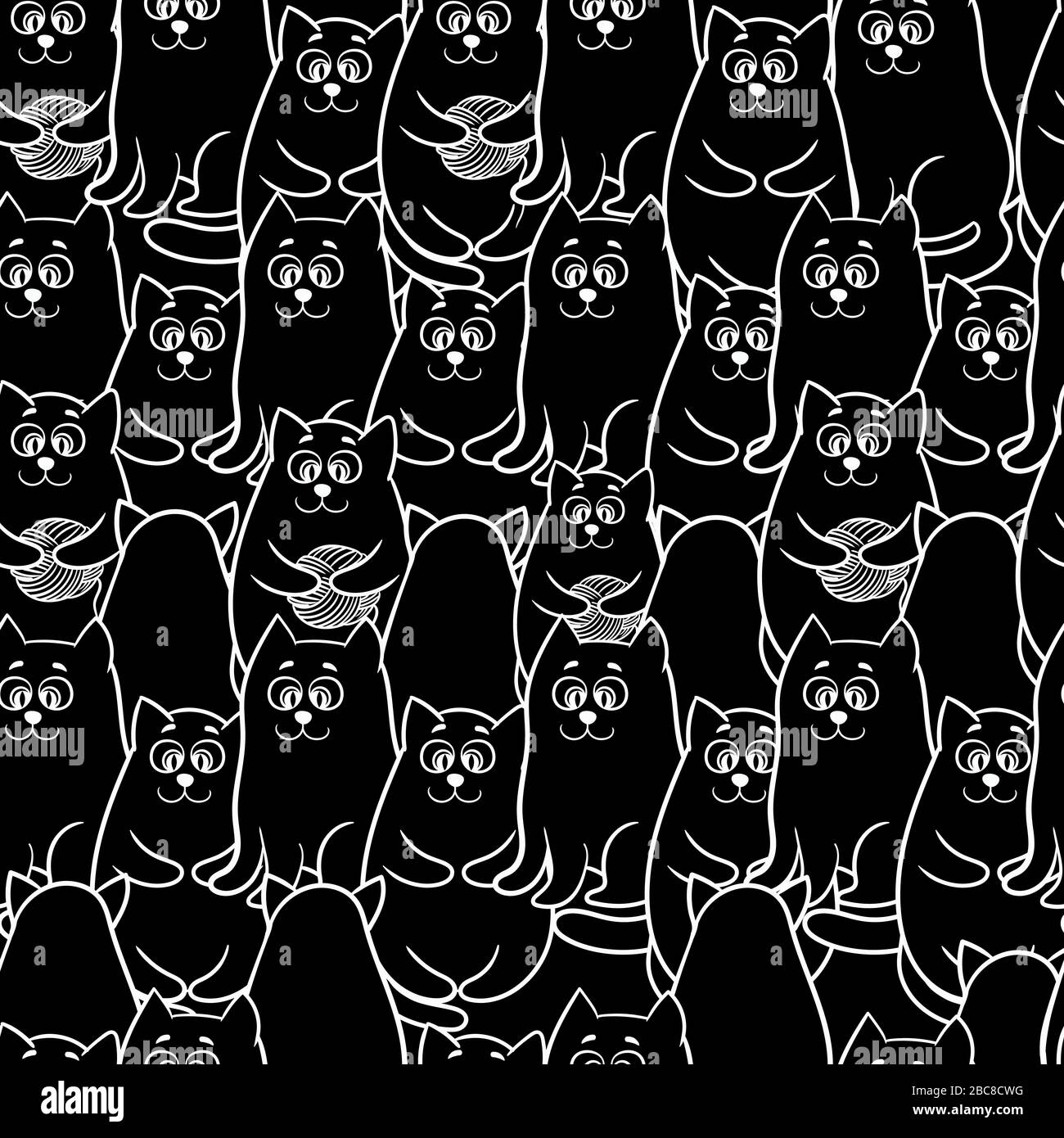 cute smiling cats, closely spaced, white outlines on a black background, seamless black and white pattern, for fabric, paper Stock Vector
