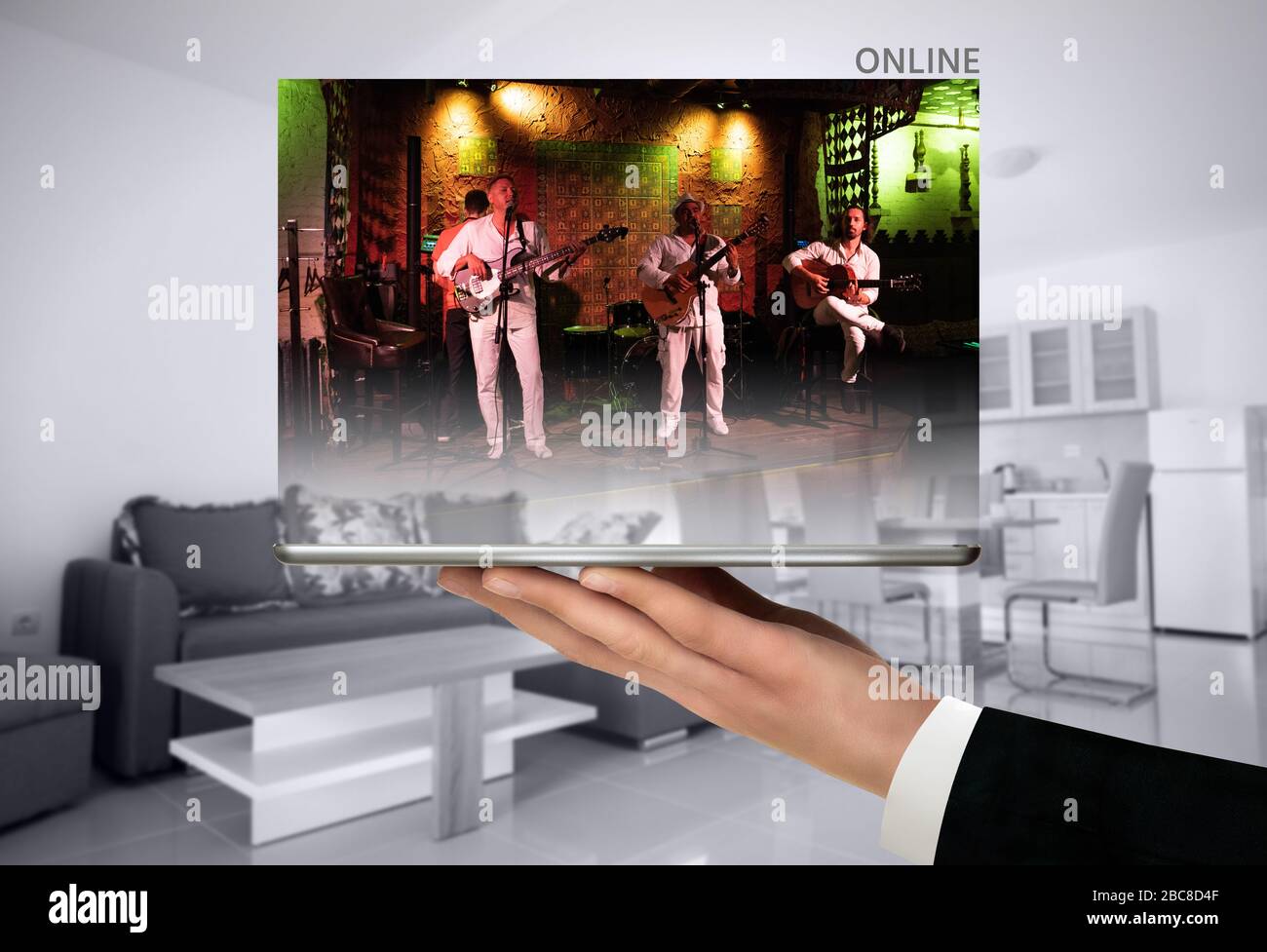Online concert of music band. Stock Photo
