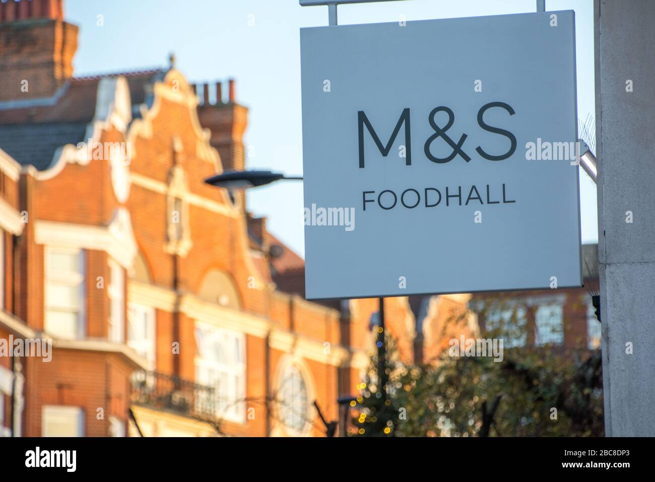 Marks & Spencer Foodhall, British supermarket and brand- exterior logo / signage- London Stock Photo