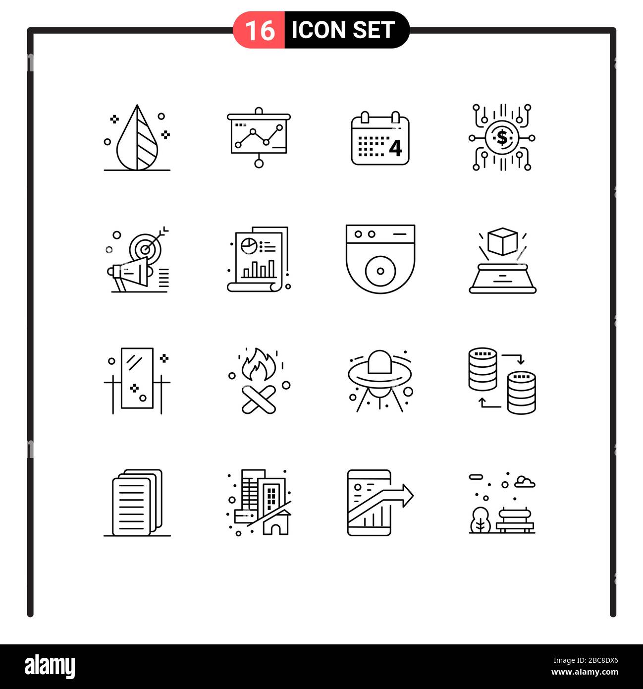 Set of 16 Vector Outlines on Grid for campaign, crowdselling, calender, crowdsale, crowdfund Editable Vector Design Elements Stock Vector