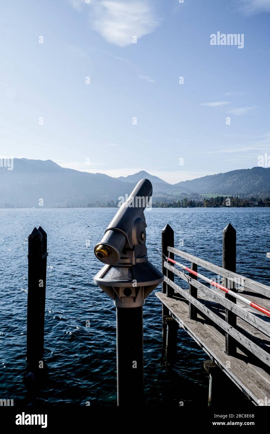 Tegernsee, Bavaria, Germany, telescope, view, observe, discover, lake, excursion destination, deserted, blue sky, water, tourism, travel, jetty, barri Stock Photo