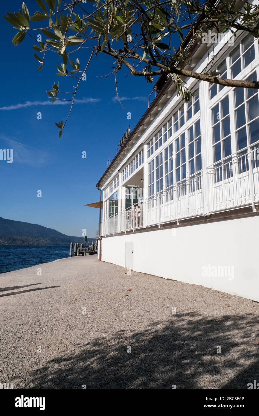 Tegernsee, Bavaria, Germany, excursion destination, deserted, cafe, house, promenade, blue sky, go for a walk, window, tree, water, tourism, travel Stock Photo