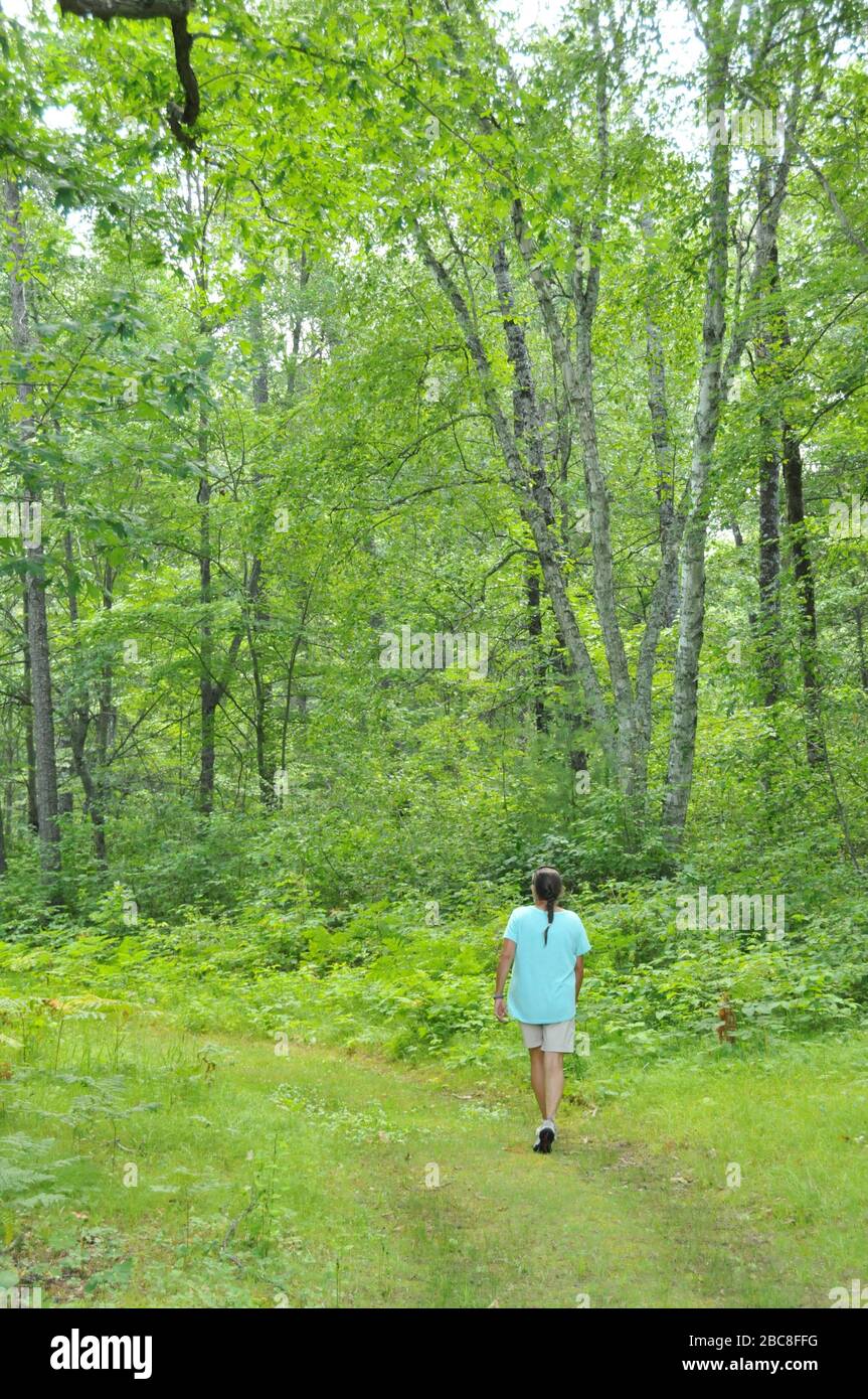 Woman hiking alone through woods hi-res stock photography and images ...