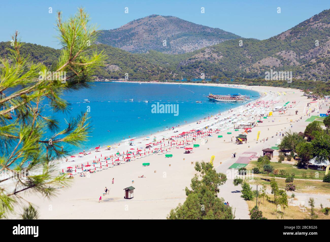 Town of Oludeniz, or Olu Deniz, Mugla Province, Turkey.  Beachside resort. Stock Photo