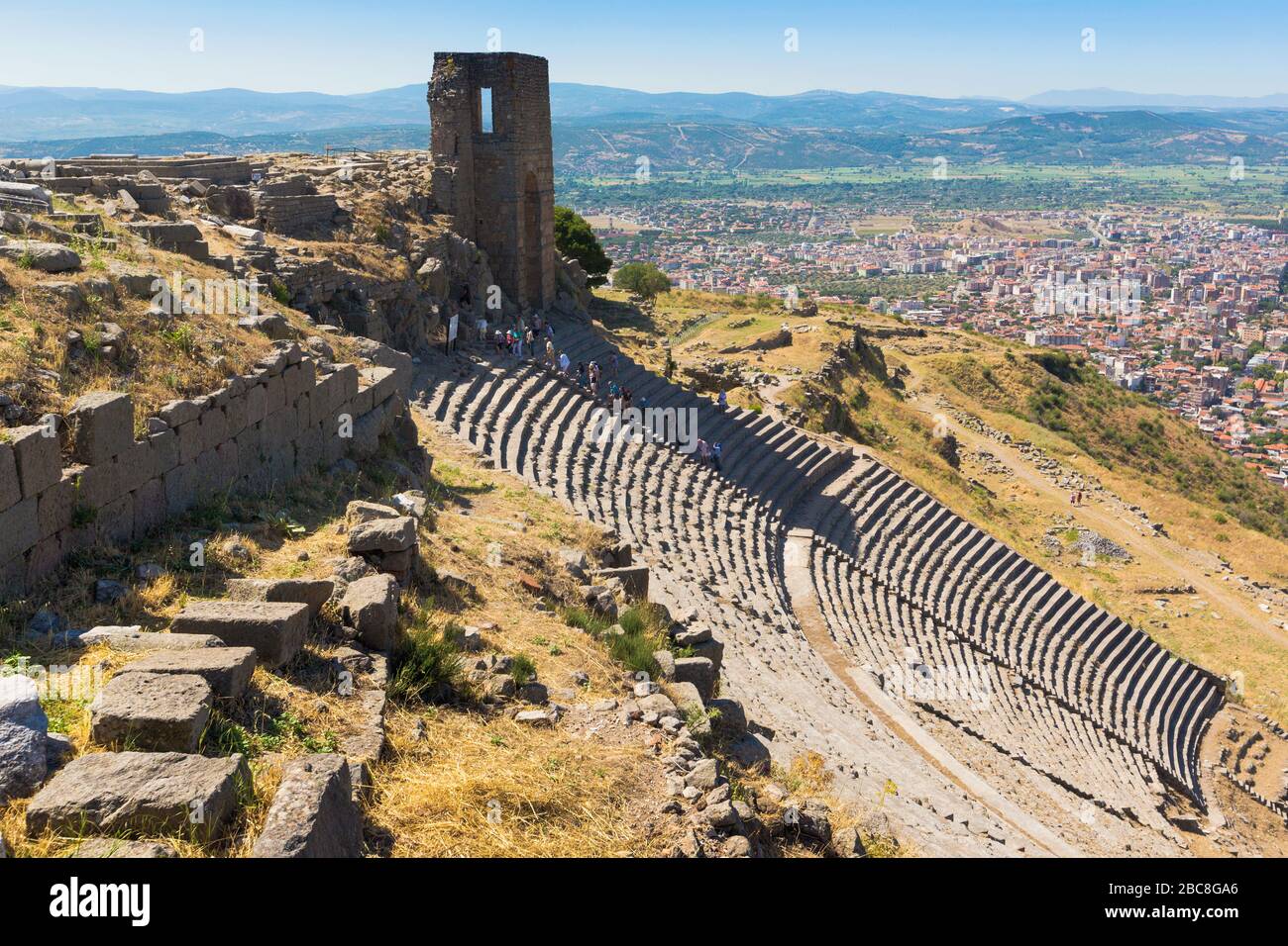 Ruins of ancient Pergamum above Bergama, Izmir Province, Turkey.  The theatre. Stock Photo