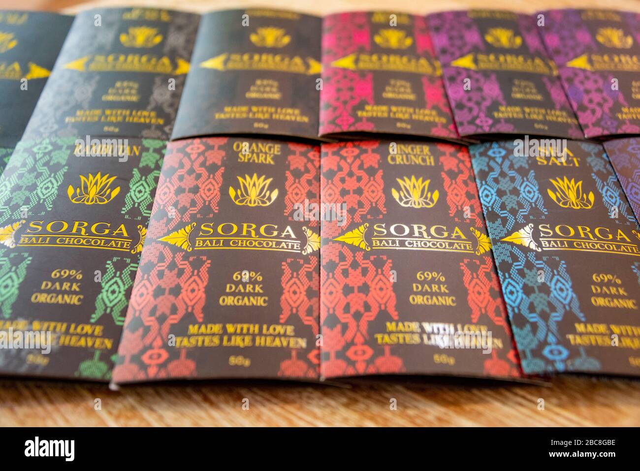 Horizontal close up of artisan chocolate for sale in Bali, Indonesia. Stock Photo