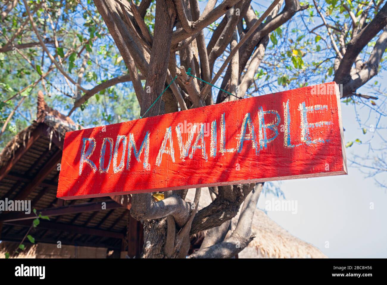 Asia, Indonesia, West Nusa Tenggara, Gili Air, Sign Saying 'Room Available' at the Pura Vida Guest House and Restaurant Stock Photo