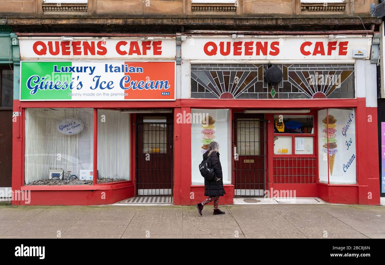 Glasgow, Scotland, UK. 3 April, 2020. Images from the south side of Glasgow at the end of the second week of Coronavirus lockdown. Queens Cafe on Victoria Road in Govanhill is closed.  Iain Masterton/Alamy Live News Stock Photo