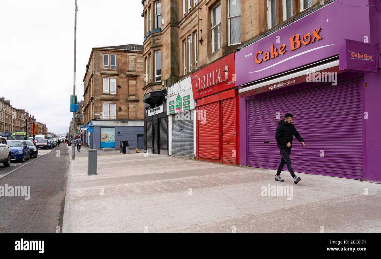 Glasgow, Scotland, UK. 3 April, 2020. Images from the south side of Glasgow at the end of the second week of Coronavirus lockdown. Many closed and shuttered shops off Victoria Road in Govanhill.  Iain Masterton/Alamy Live News Stock Photo