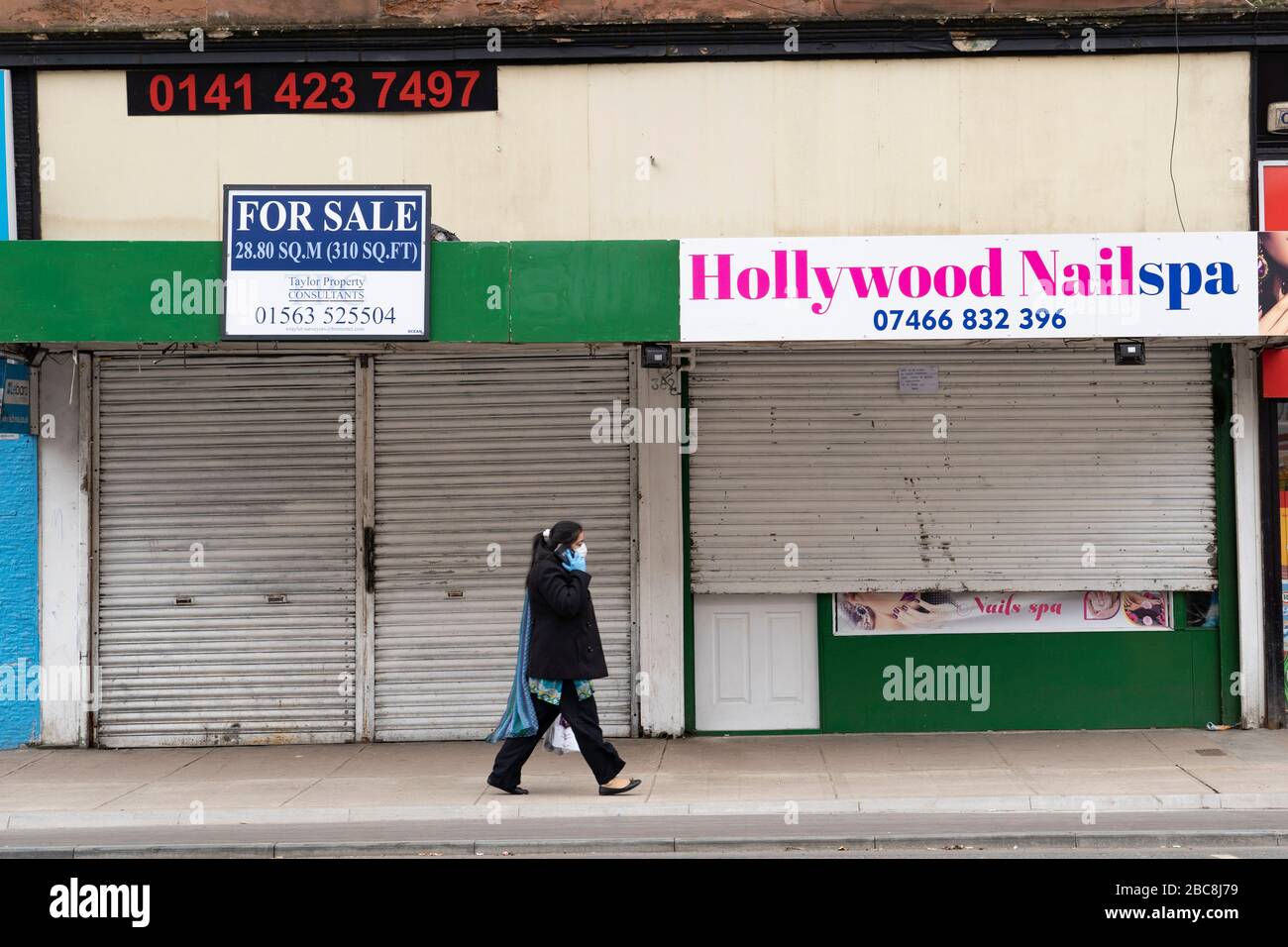 Glasgow, Scotland, UK. 3 April, 2020. Images from the south side of Glasgow at the end of the second week of Coronavirus lockdown. Many closed and shuttered shops off Victoria Road in Govanhill.  Iain Masterton/Alamy Live News Stock Photo