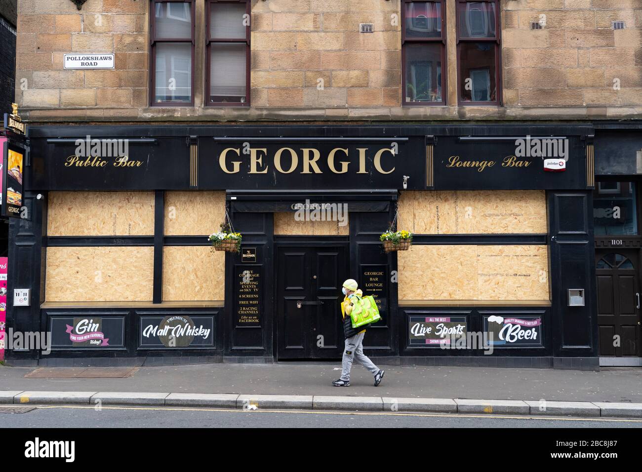 Glasgow, Scotland, UK. 3 April, 2020. Images from the south side of Glasgow at the end of the second week of Coronavirus lockdown. Georgic pub in Shawlands in closed and boarded up.  Iain Masterton/Alamy Live News Stock Photo