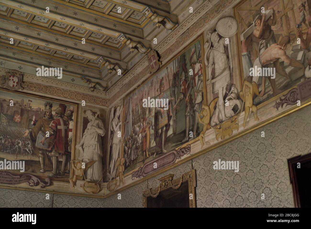 Palace of the Grand Master. 16th-18th centuries. Residence of the Grand Master of the Order of Saint John. Hall of the Pages. Waiting room for the young positions of the Grand Master. Decorated with a frieze of wall paintings by Leonello Spada (1576-1622), depicting scenes from the history of the Order. Detail of the frescoes. Valletta Malta. Stock Photo